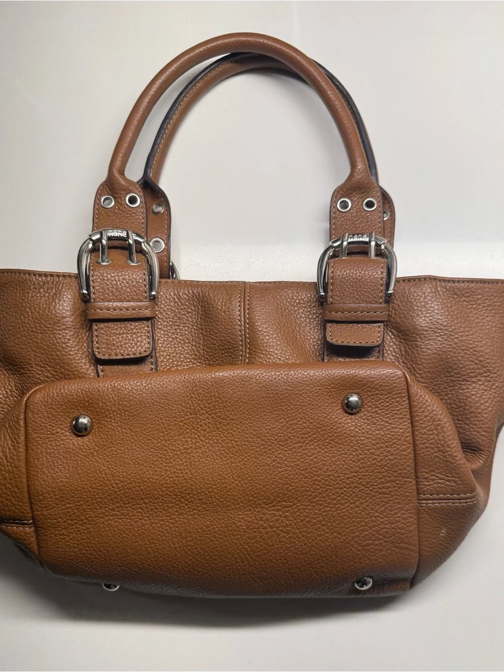 Tignanello Brown Pebbled Leather Tote Shoulder Bag Silver Buckles⁠